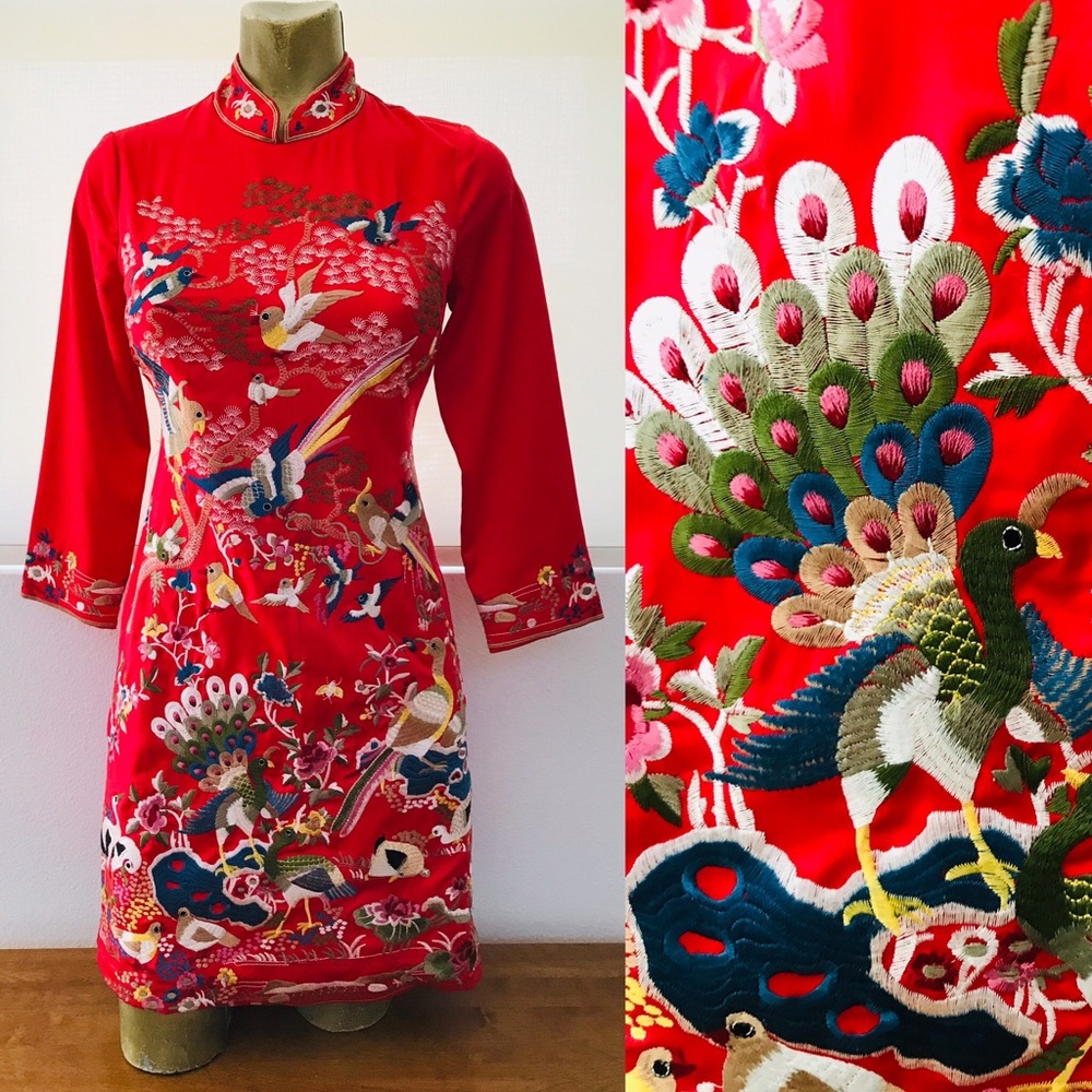Heavily-EMBROIDERED Bird Theme CHINOISERIE Dress S